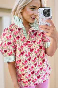 Outlet Dear-Lover Floral Print Striped Patchwork Colla Short Sleeve Blouse Red