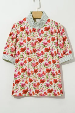 Outlet Dear-Lover Floral Print Striped Patchwork Colla Short Sleeve Blouse Red