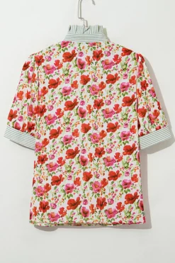 Outlet Dear-Lover Floral Print Striped Patchwork Colla Short Sleeve Blouse Red