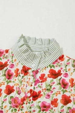 Outlet Dear-Lover Floral Print Striped Patchwork Colla Short Sleeve Blouse Red