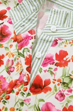 Outlet Dear-Lover Floral Print Striped Patchwork Colla Short Sleeve Blouse Red