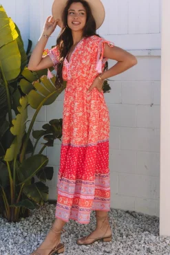 New Dear-Lover Floral Print Tasseled Tied Sleeve Empire Waist Maxi Dress Red