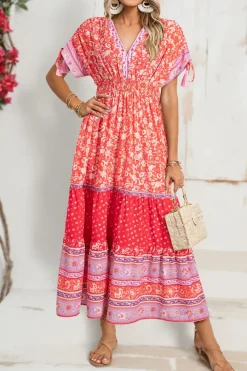 New Dear-Lover Floral Print Tasseled Tied Sleeve Empire Waist Maxi Dress Red
