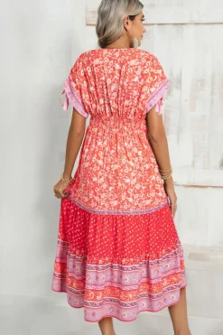 New Dear-Lover Floral Print Tasseled Tied Sleeve Empire Waist Maxi Dress Red