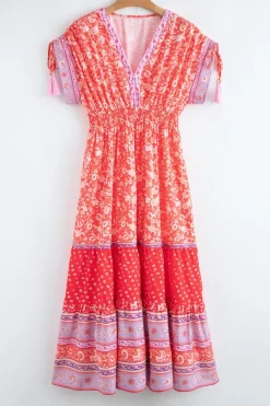 New Dear-Lover Floral Print Tasseled Tied Sleeve Empire Waist Maxi Dress Red