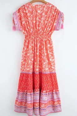 New Dear-Lover Floral Print Tasseled Tied Sleeve Empire Waist Maxi Dress Red