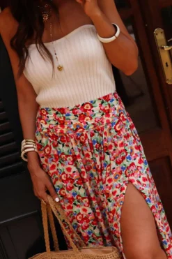 Sale Dear-Lover Floral Print Wide Waistband Side Slit Maxi Skirt Red