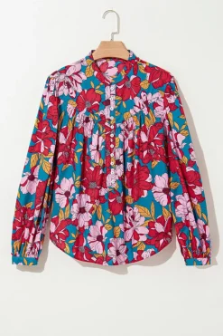 Outlet Dear-Lover Floral Printed Balloon Sleeve Half Buttons Blouse Red