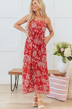 Best Dear-Lover Floral Printed Spaghetti Strap Empire Waist Maxi Dress Red