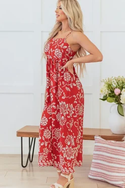 Best Dear-Lover Floral Printed Spaghetti Strap Empire Waist Maxi Dress Red