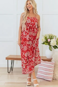 Best Dear-Lover Floral Printed Spaghetti Strap Empire Waist Maxi Dress Red