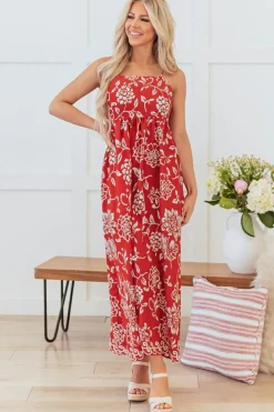 Best Dear-Lover Floral Printed Spaghetti Strap Empire Waist Maxi Dress Red