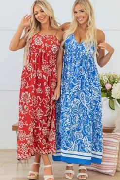 Best Dear-Lover Floral Printed Spaghetti Strap Empire Waist Maxi Dress Red