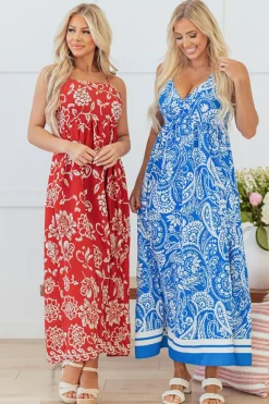 Best Dear-Lover Floral Printed Spaghetti Strap Empire Waist Maxi Dress Red