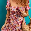 Fashion Dear-Lover Floral Puff Sleeve Square Neck Knot Open Back Mini Dress Red