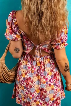 Fashion Dear-Lover Floral Puff Sleeve Square Neck Knot Open Back Mini Dress Red