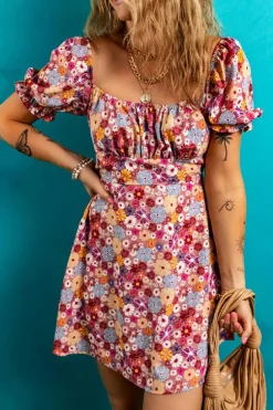 Fashion Dear-Lover Floral Puff Sleeve Square Neck Knot Open Back Mini Dress Red