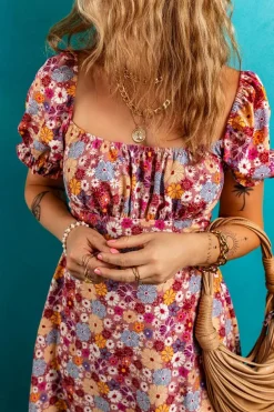 Fashion Dear-Lover Floral Puff Sleeve Square Neck Knot Open Back Mini Dress Red