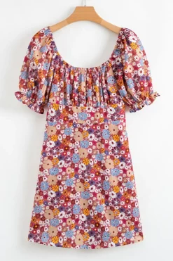 Fashion Dear-Lover Floral Puff Sleeve Square Neck Knot Open Back Mini Dress Red