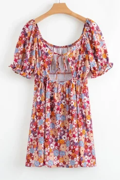 Fashion Dear-Lover Floral Puff Sleeve Square Neck Knot Open Back Mini Dress Red
