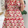 Discount Dear-Lover Floral Puff Sleeve Tie Ric Rac Pocketed Mini Dress Red