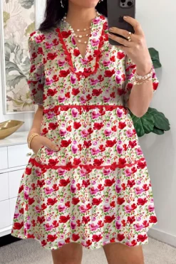 Discount Dear-Lover Floral Puff Sleeve Tie Ric Rac Pocketed Mini Dress Red