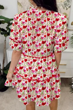 Discount Dear-Lover Floral Puff Sleeve Tie Ric Rac Pocketed Mini Dress Red