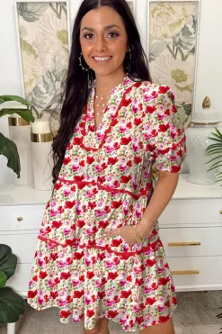 Discount Dear-Lover Floral Puff Sleeve Tie Ric Rac Pocketed Mini Dress Red