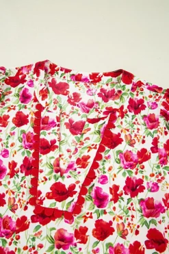 Discount Dear-Lover Floral Puff Sleeve Tie Ric Rac Pocketed Mini Dress Red