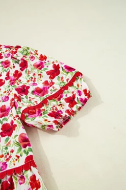 Discount Dear-Lover Floral Puff Sleeve Tie Ric Rac Pocketed Mini Dress Red