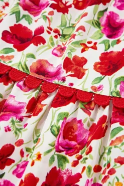 Discount Dear-Lover Floral Puff Sleeve Tie Ric Rac Pocketed Mini Dress Red