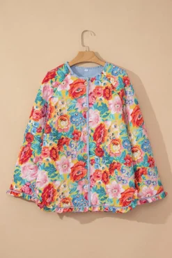 Outlet Dear-Lover Floral Quilted Striped Trim Button Up Puffer Jackets Red