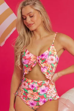 Online Dear-Lover Floral Ruffle Trim Cutout Knotted One Piece Swimsuit Red