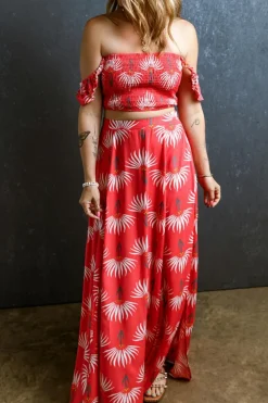 Clearance Dear-Lover Floral Shir Off Shoulder Crop Top and Slit Maxi Skirt Set Red