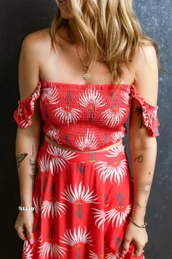 Clearance Dear-Lover Floral Shir Off Shoulder Crop Top and Slit Maxi Skirt Set Red