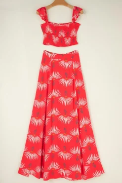 Clearance Dear-Lover Floral Shir Off Shoulder Crop Top and Slit Maxi Skirt Set Red