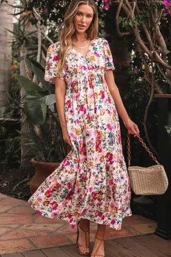 New Dear-Lover Floral Short Sleeve V Neck High Waist Maxi Dress Red