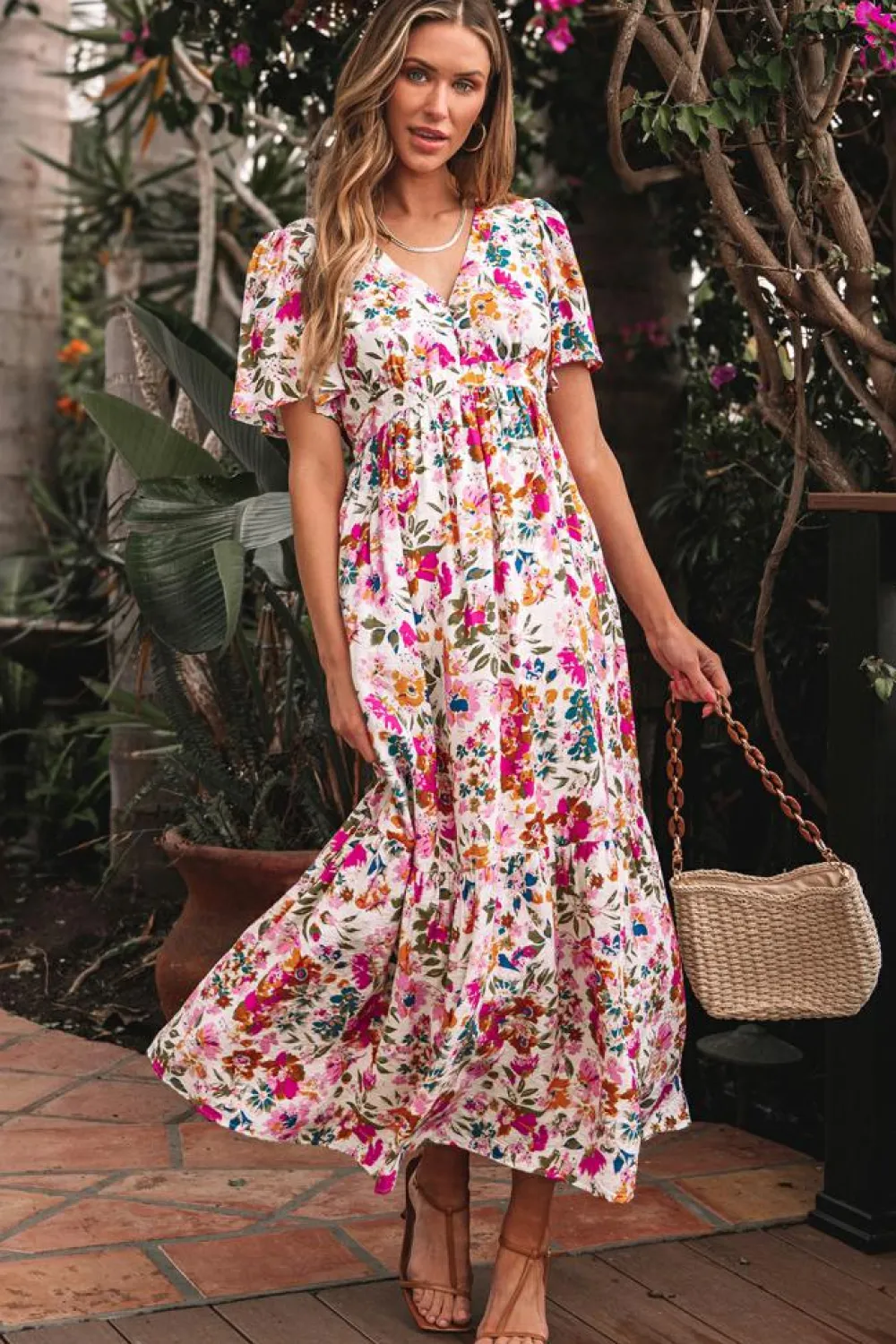 New Dear-Lover Floral Short Sleeve V Neck High Waist Maxi Dress Red