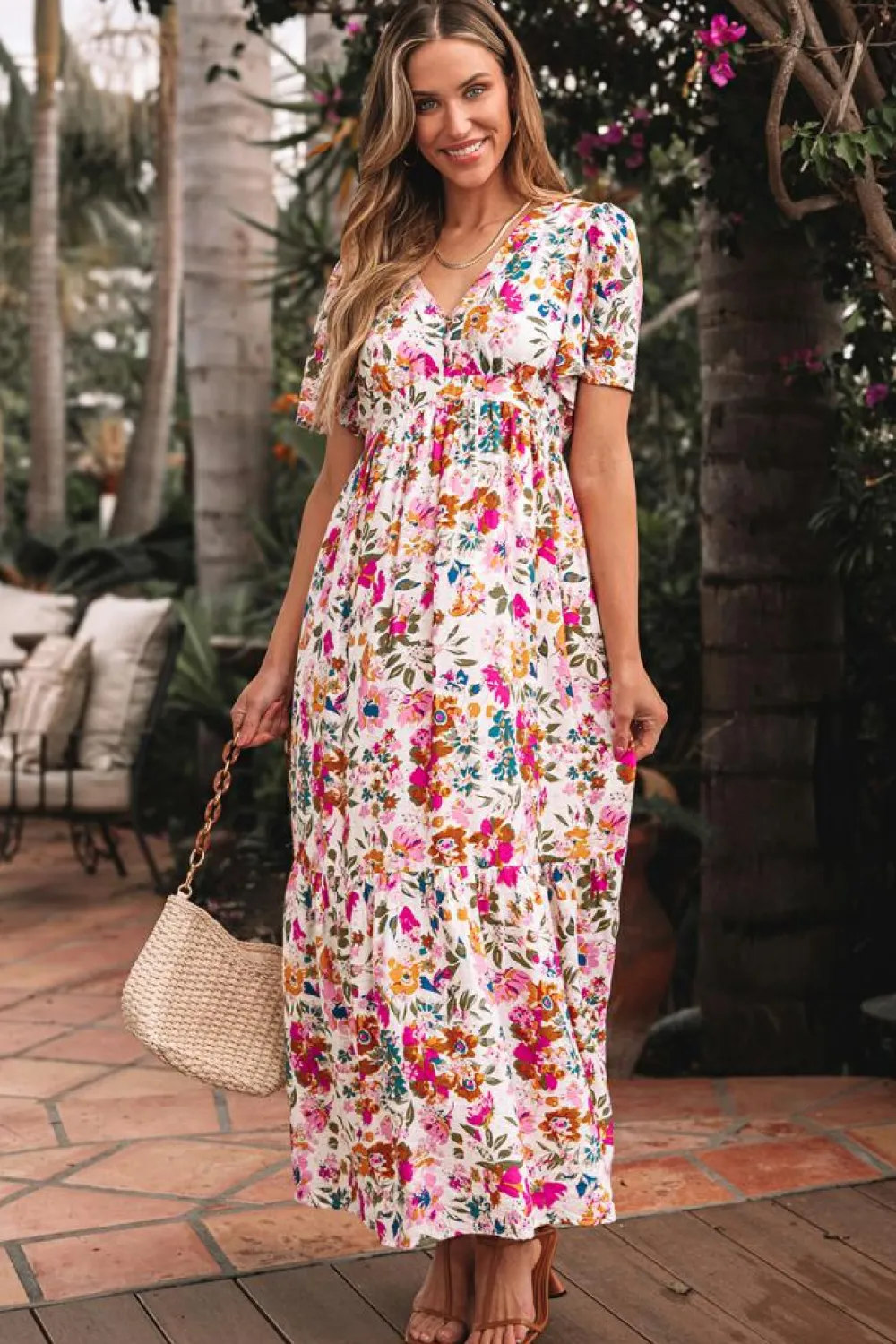New Dear-Lover Floral Short Sleeve V Neck High Waist Maxi Dress Red