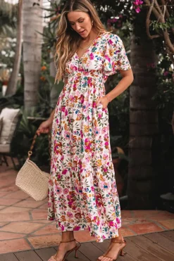 New Dear-Lover Floral Short Sleeve V Neck High Waist Maxi Dress Red