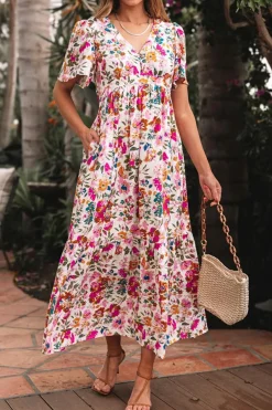 New Dear-Lover Floral Short Sleeve V Neck High Waist Maxi Dress Red