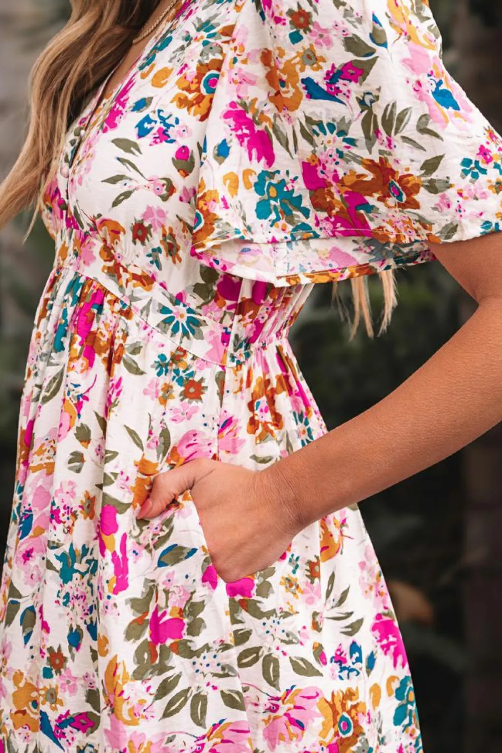 New Dear-Lover Floral Short Sleeve V Neck High Waist Maxi Dress Red