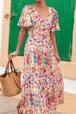 New Dear-Lover Floral Short Sleeve V Neck High Waist Maxi Dress Red