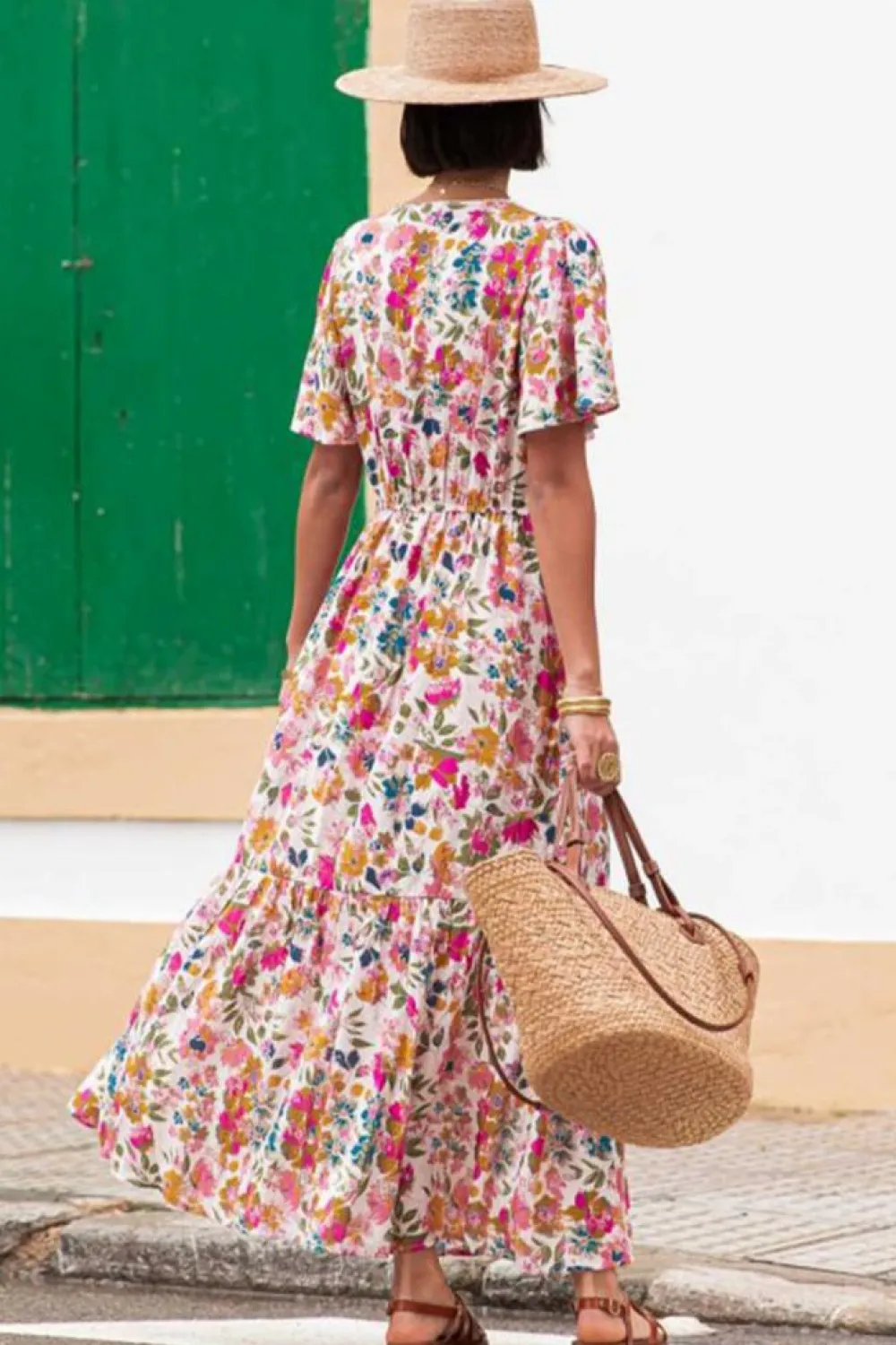 New Dear-Lover Floral Short Sleeve V Neck High Waist Maxi Dress Red