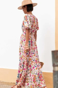 New Dear-Lover Floral Short Sleeve V Neck High Waist Maxi Dress Red