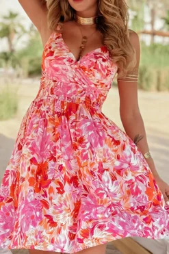 Online Dear-Lover Floral Spaghetti Strap Surplice Neck Shir Waist Mini Dress Red