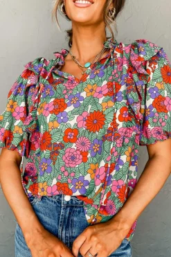 Discount Dear-Lover Floral Tie Split Neck Ruffle Puff Sleeve Blouse Red