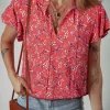Clearance Dear-Lover Floral Tie Split Neck Short Flounce Sleeve Crinkled Blouse Red
