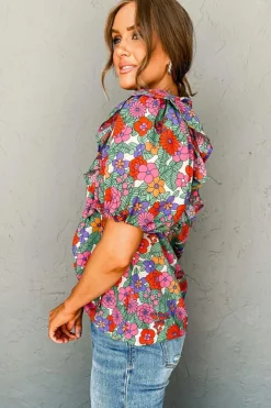 Discount Dear-Lover Floral Tie Split Neck Ruffle Puff Sleeve Blouse Red