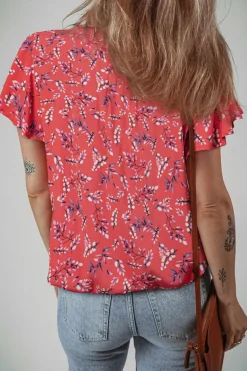Clearance Dear-Lover Floral Tie Split Neck Short Flounce Sleeve Crinkled Blouse Red